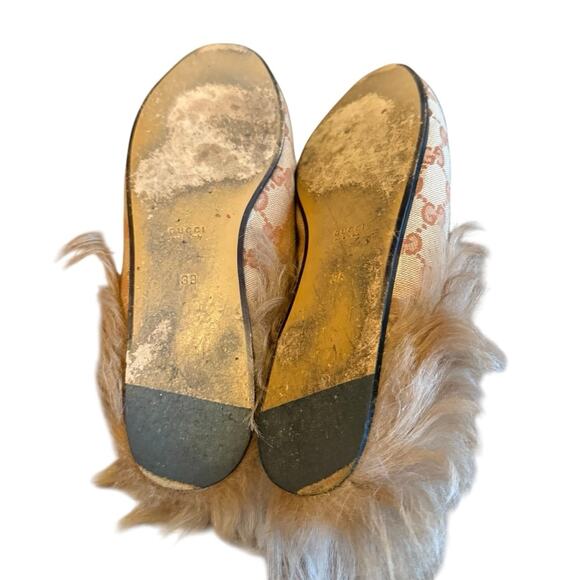 Gucci Beige GG Monogram Canvas Fur Lined Princetown Horsebit Mules EU 38 US 8 - Picture 10 of 12
